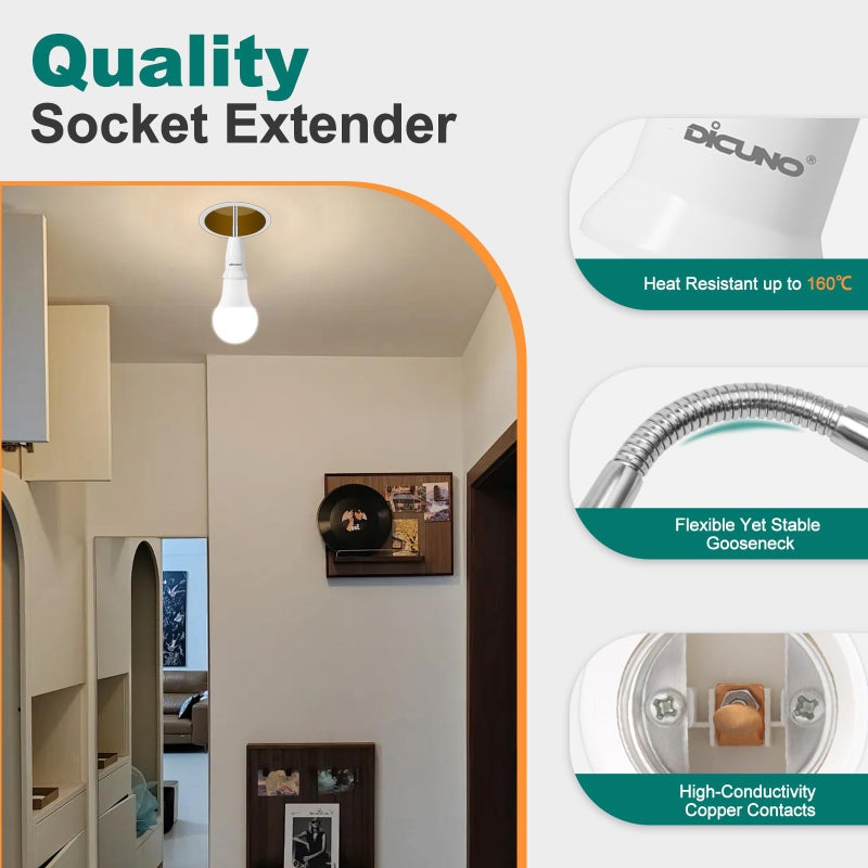 DiCUNO E26 15.5CM/6.1Inch Extension Socket Extender Adapter, E26 Flexible Extender, All-Directional Adjustable, Standard Light Bulb Socket Extension Converter, 2-Pack - Image 4